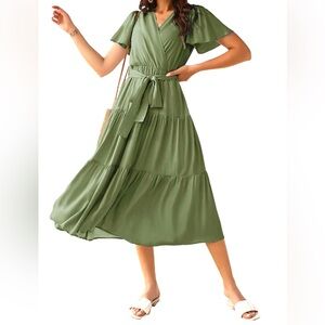 Women’s V-neck Tie Waist Wrap Dress-XL